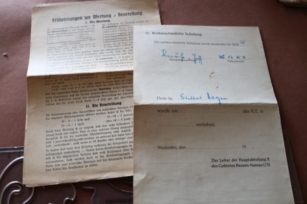 Leistungsbogen und Leistungskarte für Erwerb des K-Scheins der Hitler-Jugend  Mainz 1940